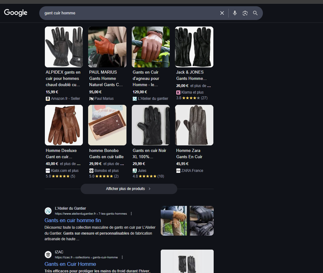 Capture d'écran d'une page de résultats Google, pour la recherche "gant cuir homme".