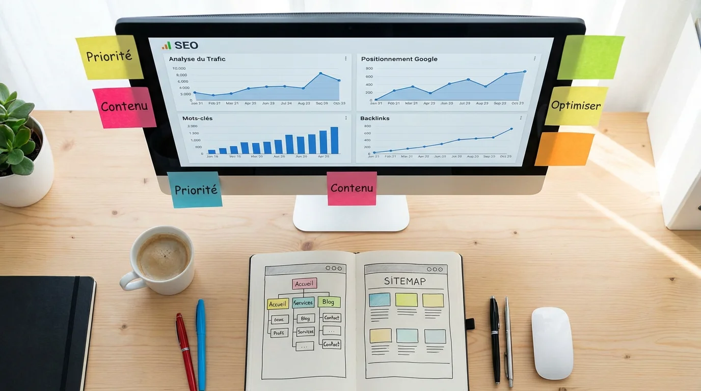 Audit SEO d'un site web avant refonte avec graphiques d'analyse et schéma d'arborescence