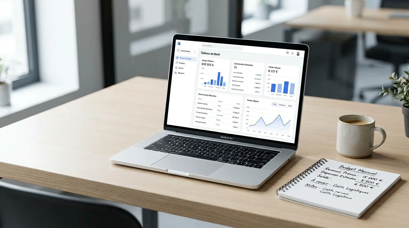 Bureau professionnel avec ordinateur portable affichant un tableau de bord e-commerce et notes de budget