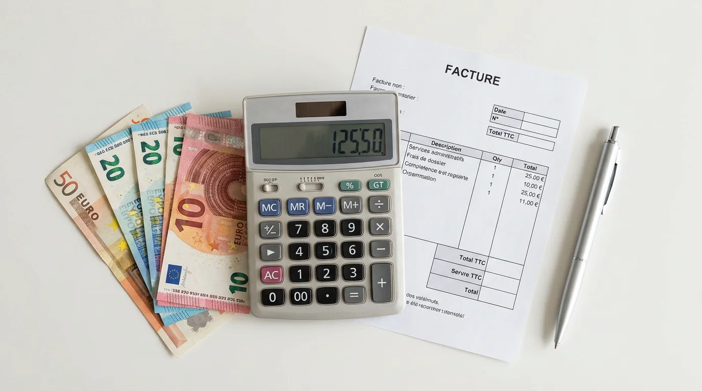 Calculatrice, billets en euros et facture sur un bureau blanc illustrant les coûts e-commerce