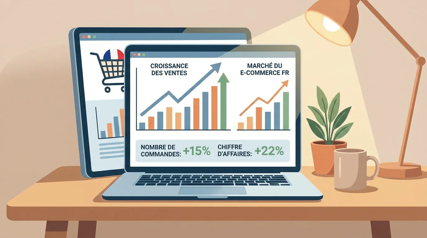 Illustration de la croissance du marché e‑commerce en France avec un tableau de bord boutique en ligne