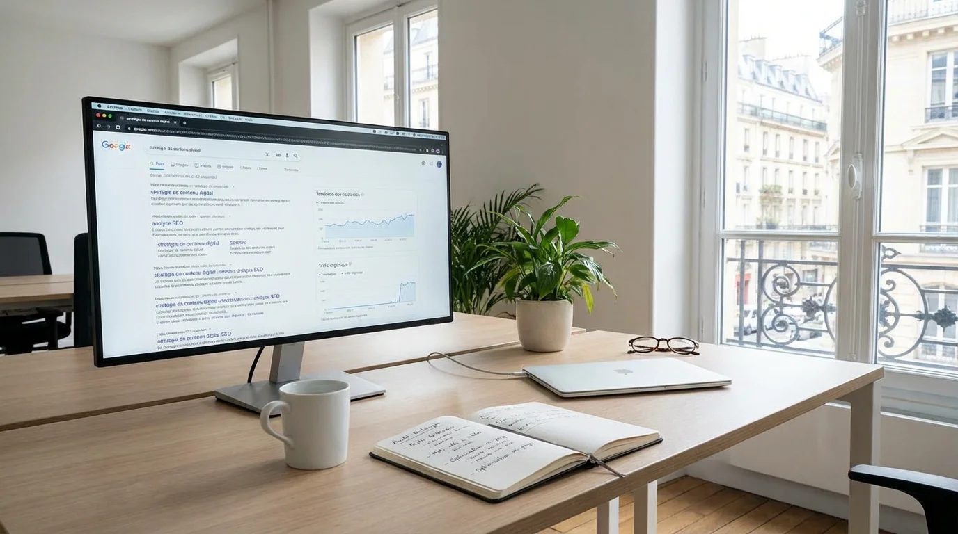 Espace de travail SEO avec écran d'analyse de positionnement et graphiques de performance
