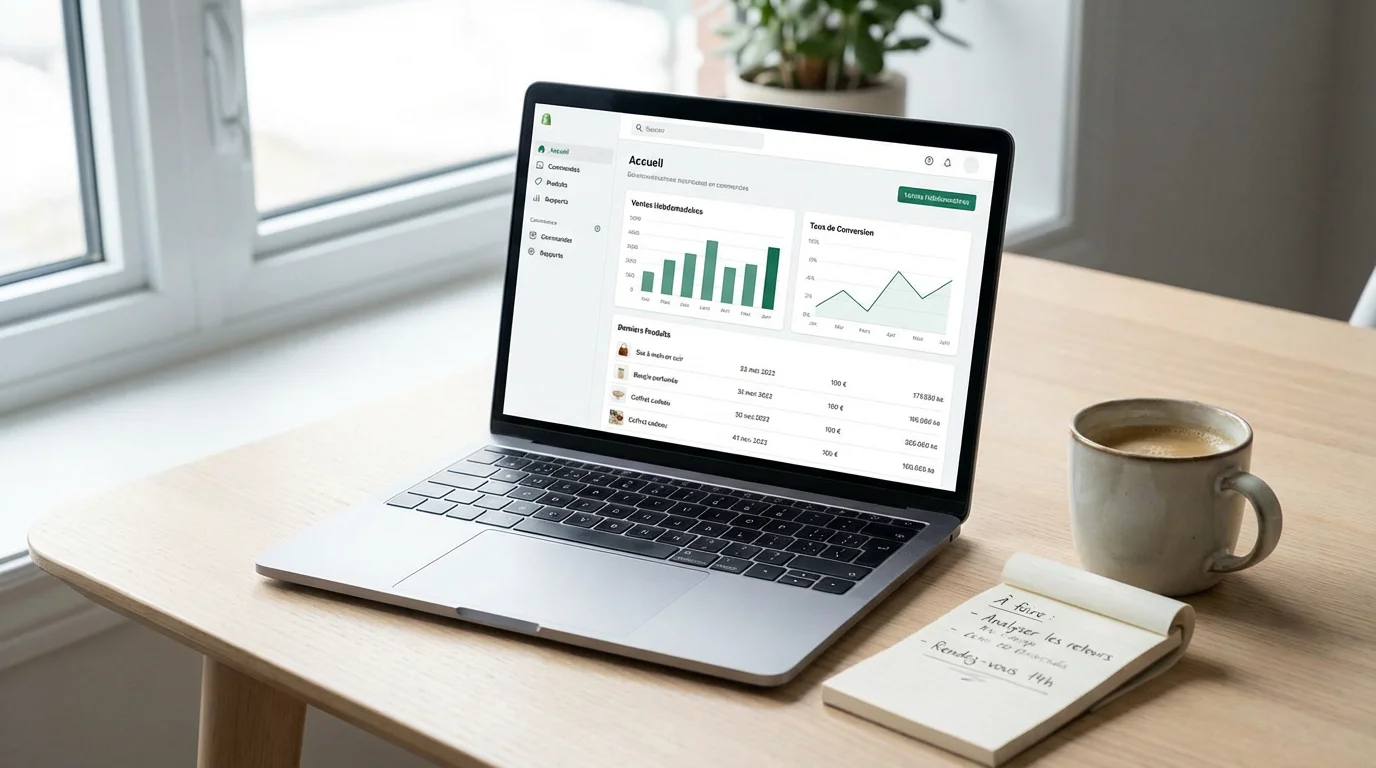 Écran d'ordinateur affichant un tableau de bord e-commerce avec des statistiques de vente