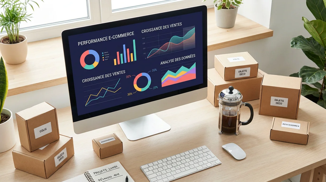 Vue aérienne d'un espace de travail moderne avec un écran affichant des graphiques de performance e-commerce