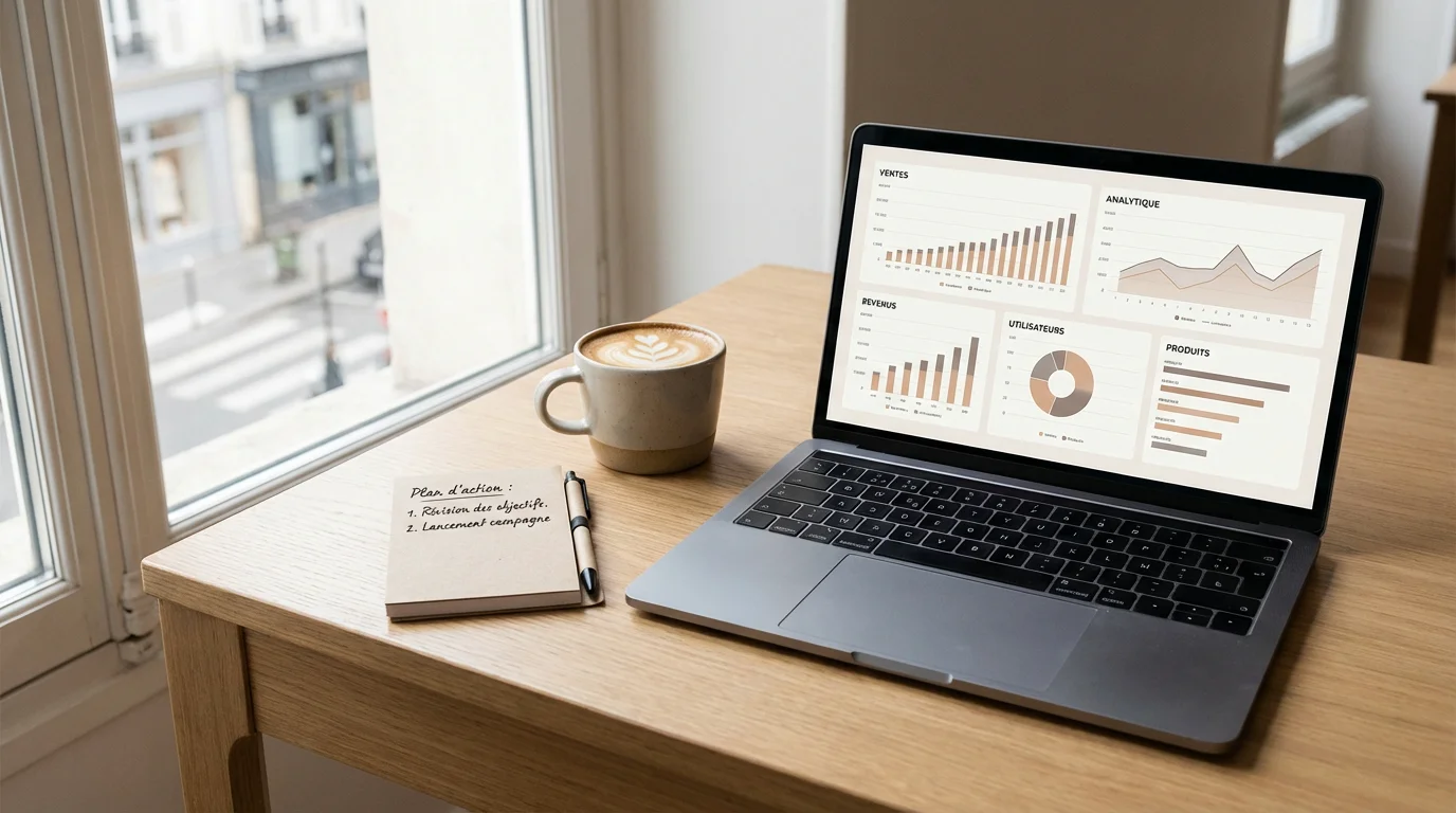 Bureau moderne avec un ordinateur portable affichant un tableau de bord e-commerce analytique