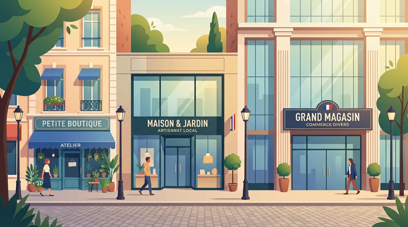 Illustration de trois vitrines de boutiques de tailles différentes représentant les profils d'entreprises e-commerce