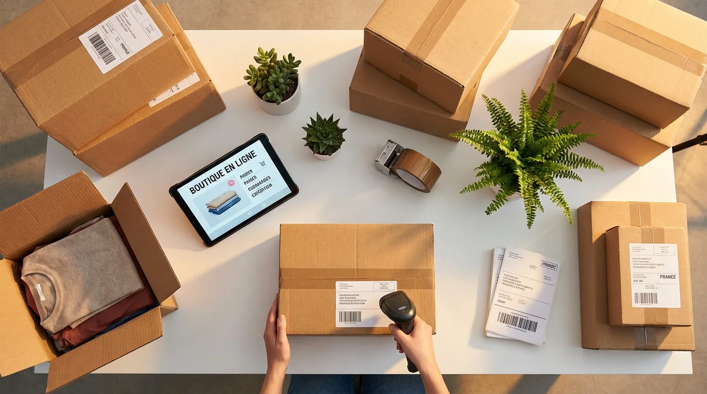 Vue d'ensemble d'une station d'expédition e-commerce avec colis et tablette affichant une boutique en ligne