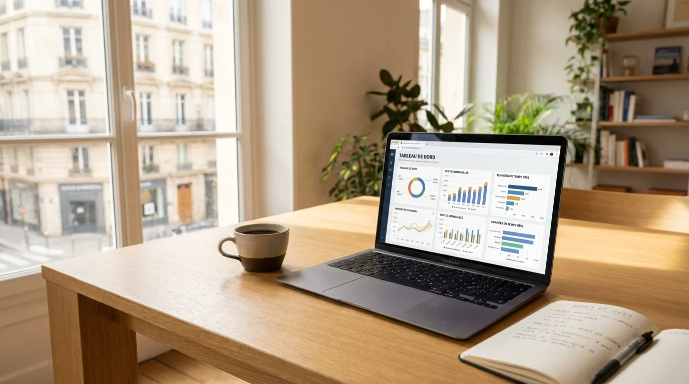 Espace de travail e-commerce avec tableau de bord analytique sur un ordinateur portable