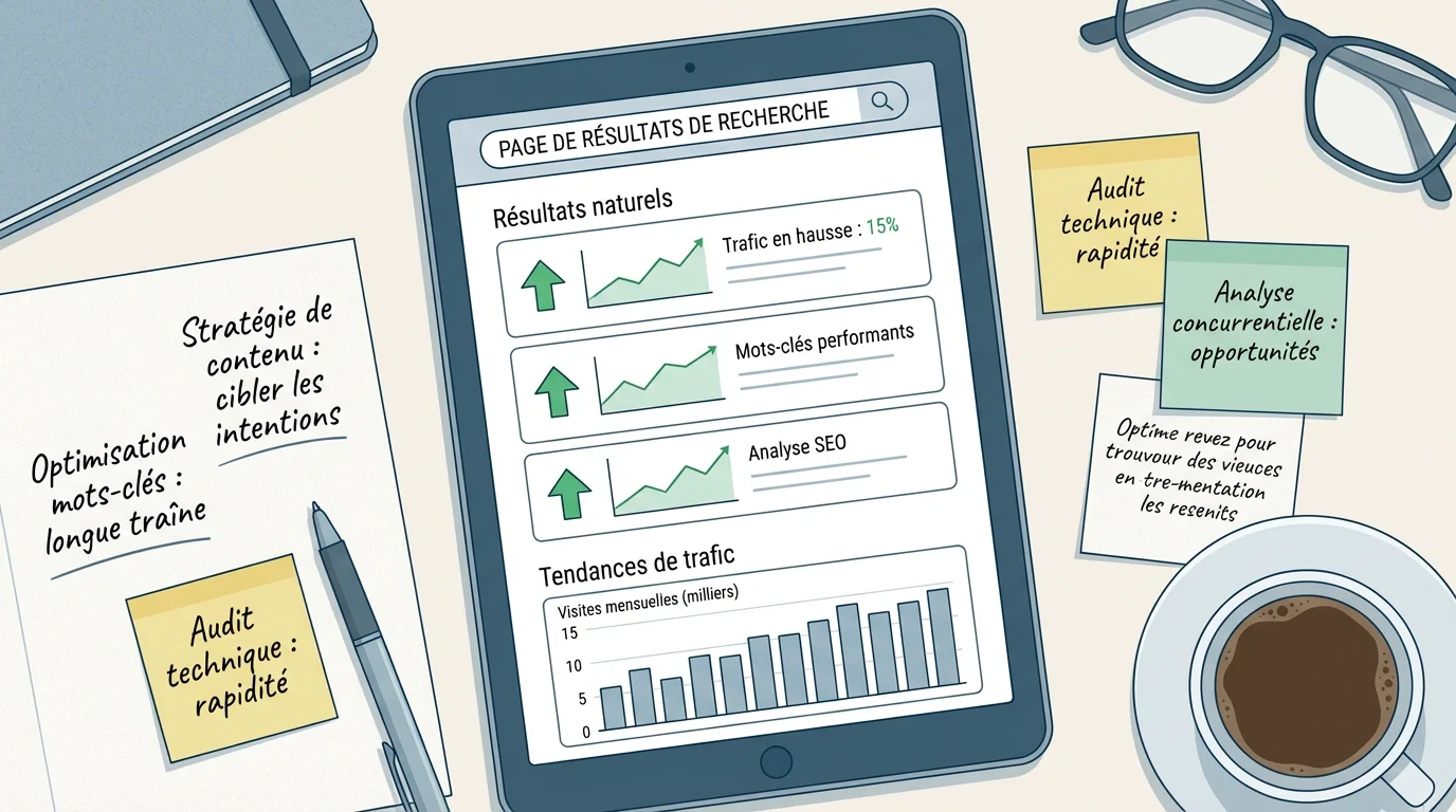 Illustration d'une stratégie SEO pour site e-commerce avec graphiques de trafic en croissance