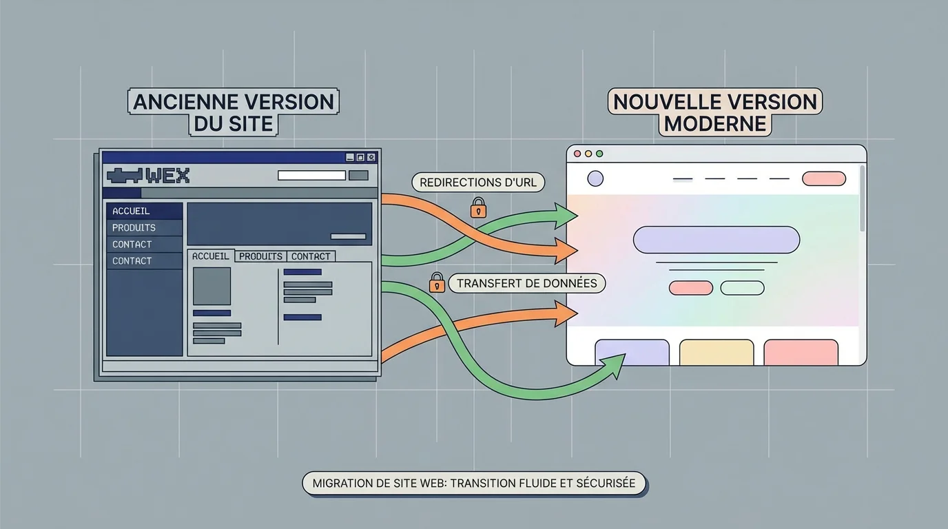 Illustration conceptuelle d'une migration SEO avec redirections entre l'ancien et le nouveau site