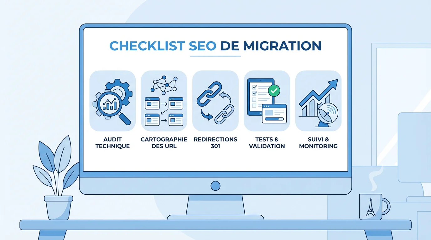 Checklist visuelle des étapes clés d'une migration SEO réussie