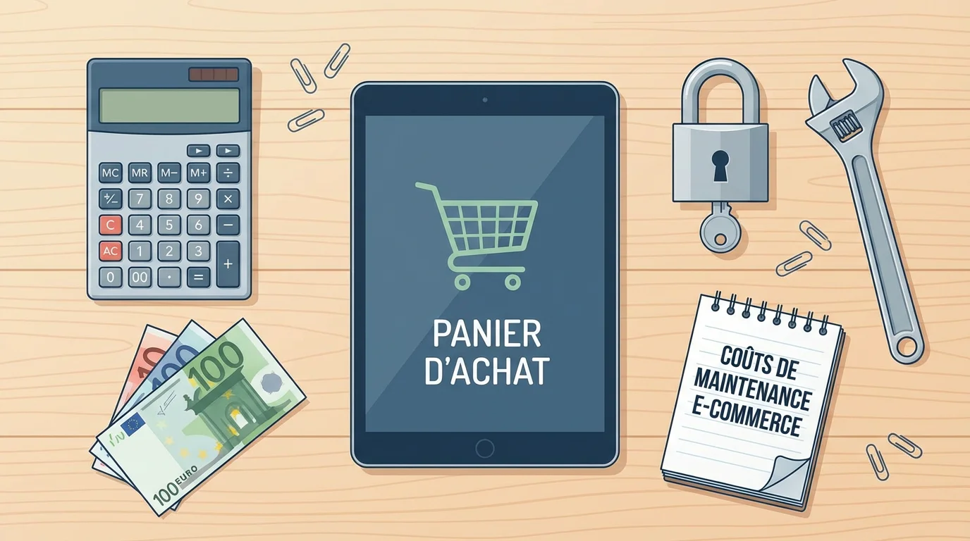 Coût de la maintenance d'un site e‑commerce : guide complet 2026 3 Composantes du coût de maintenance d'un site e-commerce illustrées en flat lay