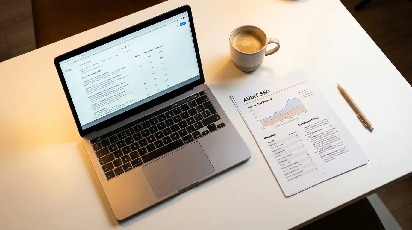 Acheter un site e-commerce existant : le guide complet en 2026 3 Audit SEO imprimé d'un site e-commerce avec indicateurs de positionnement