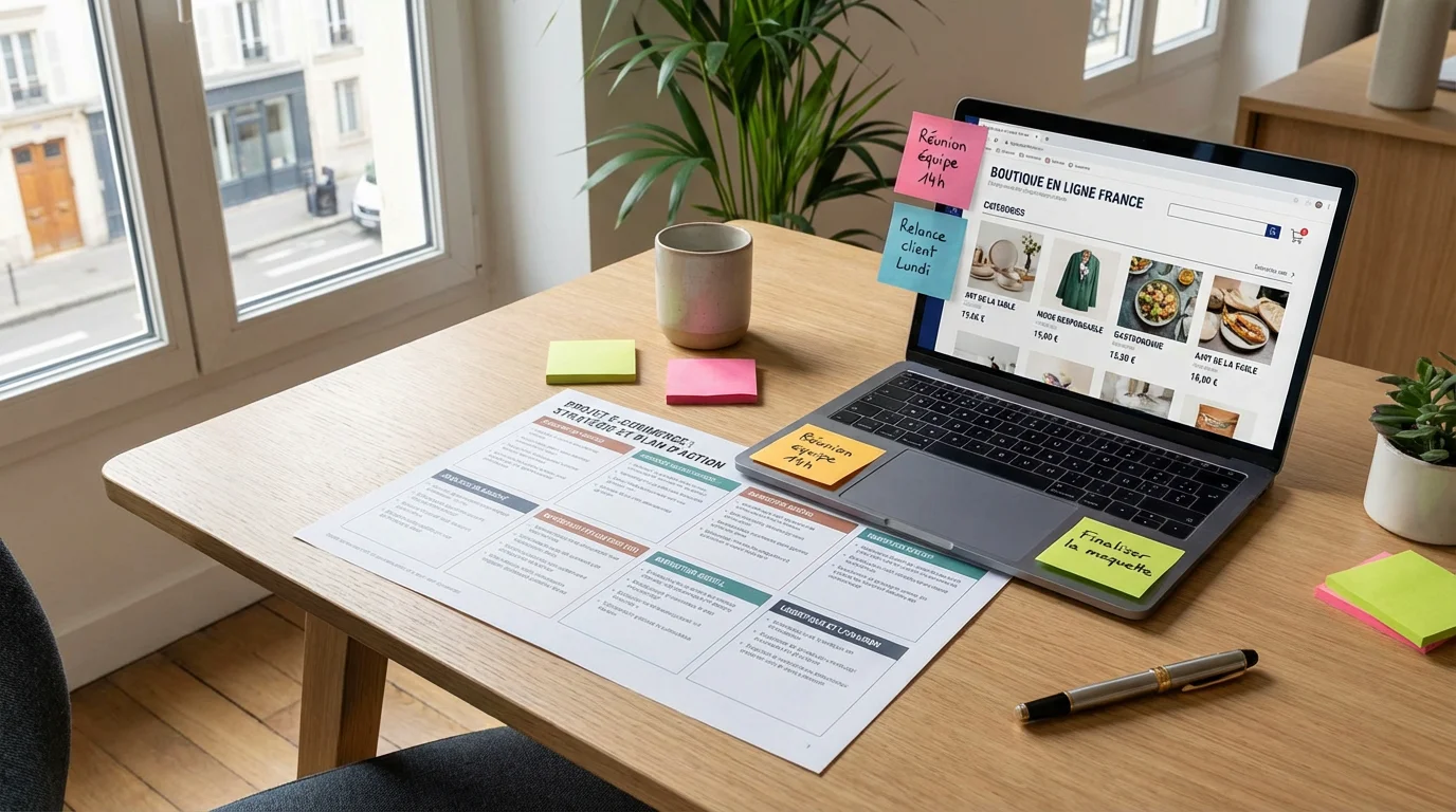 Cahier des charges pour un site e-commerce Shopify : le guide complet 2 Bureau professionnel avec un cahier des charges e-commerce en cours de rédaction