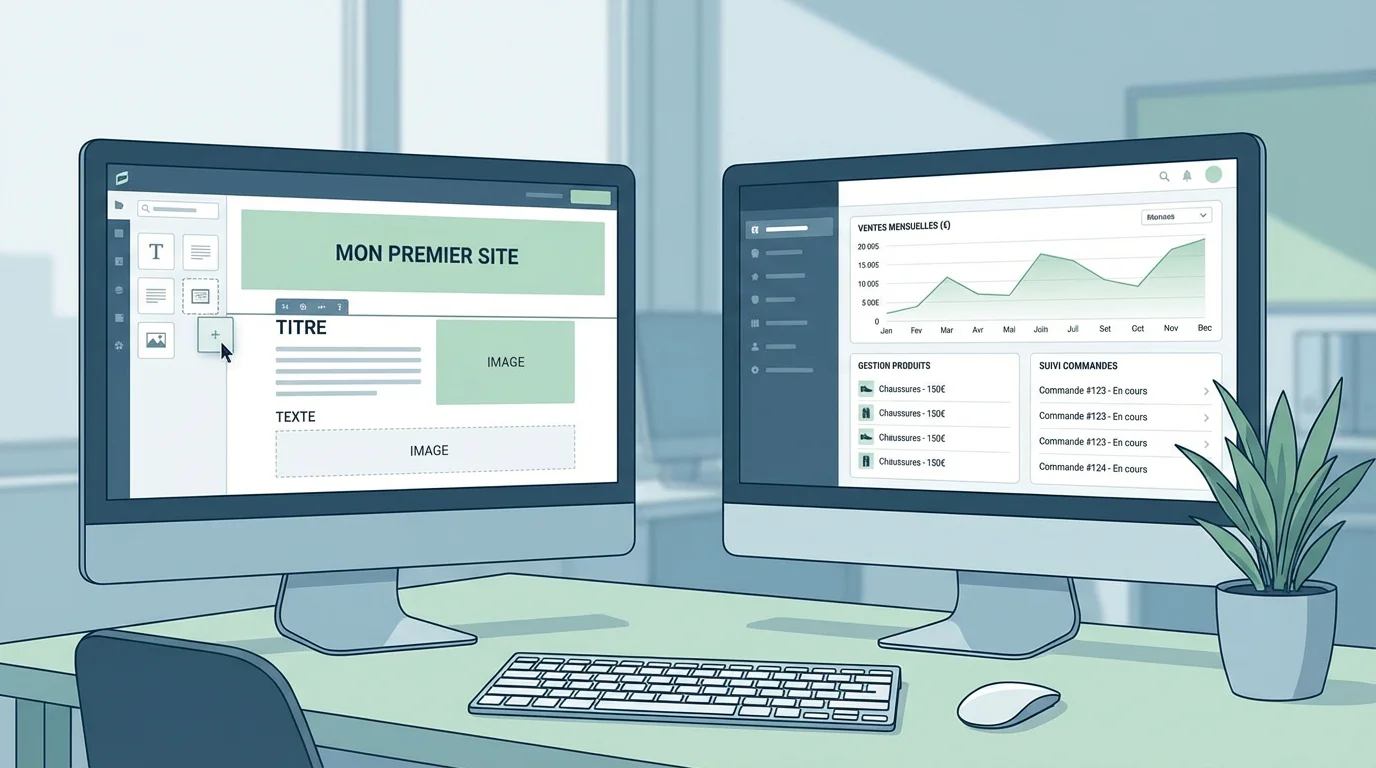 Comparaison visuelle entre un constructeur de site basique et une plateforme e-commerce avancée