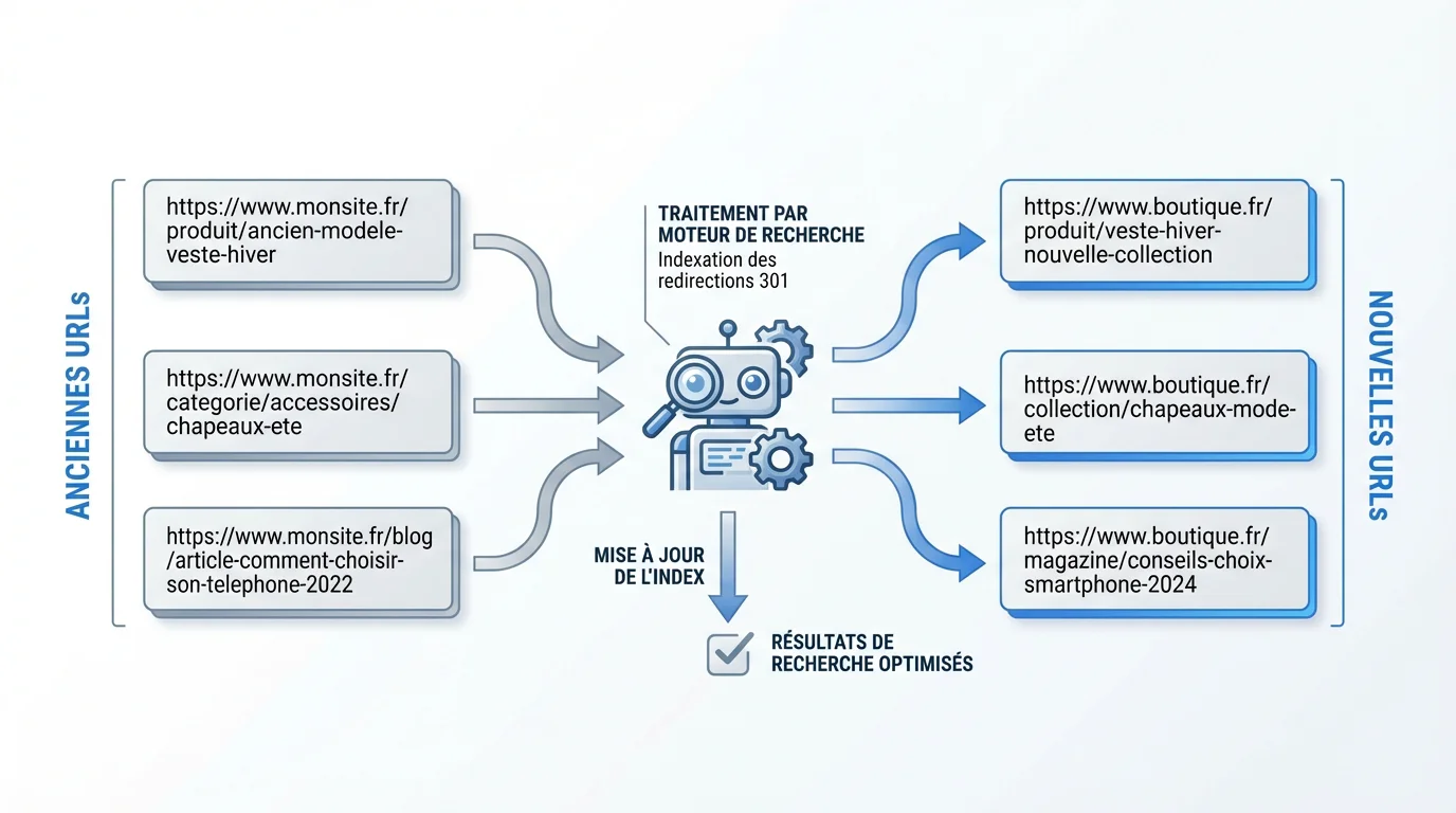 Schéma de redirection 301 lors d'une migration de plateforme e-commerce