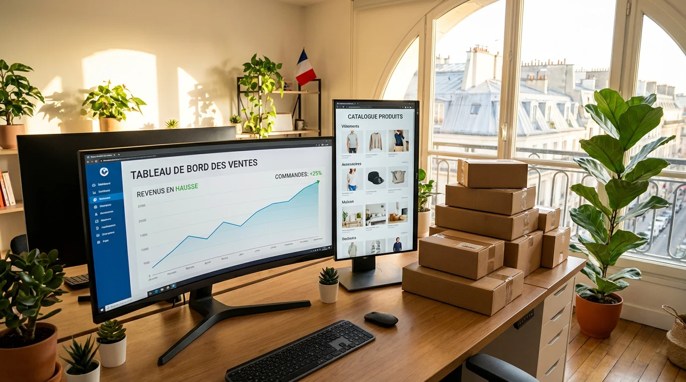 Comment booster son site e-commerce : le guide complet 2026 1 Espace de travail e-commerce professionnel avec tableaux de bord de ventes et colis prêts à expédier
