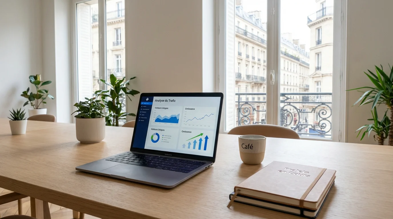 Comment booster son site e-commerce : le guide complet 2026 2 Écran d'ordinateur affichant des courbes de croissance de trafic e-commerce dans un espace de travail professionnel