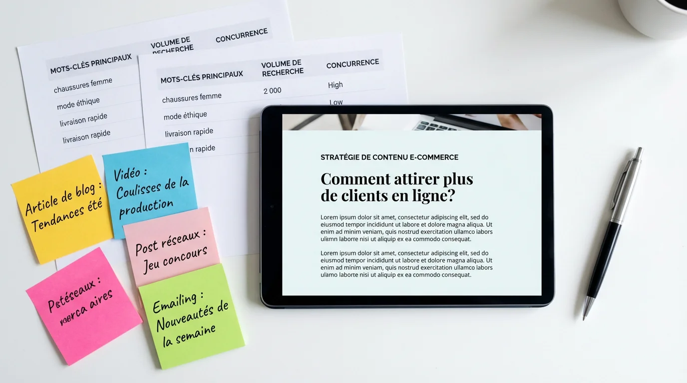 Comment booster son site e-commerce : le guide complet 2026 3 Planning de stratégie de contenu e-commerce avec recherche de mots clés et articles de blog sur un bureau
